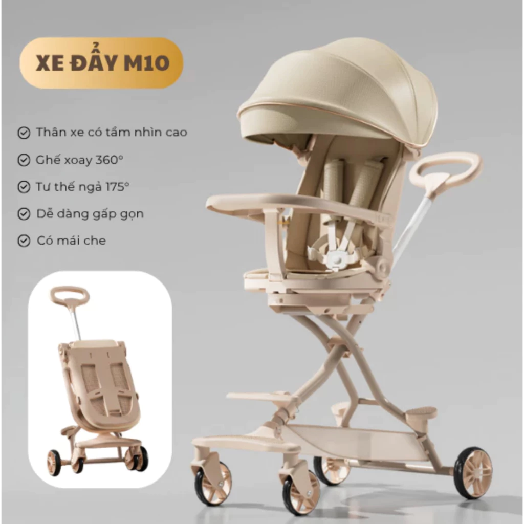 Xe đẩy M10 dành cho bé từ sơ sinh gấp gọn tiện lợi , đảo chiều 360 - ngả lưng 175 độ kèm bàn ăn dặm