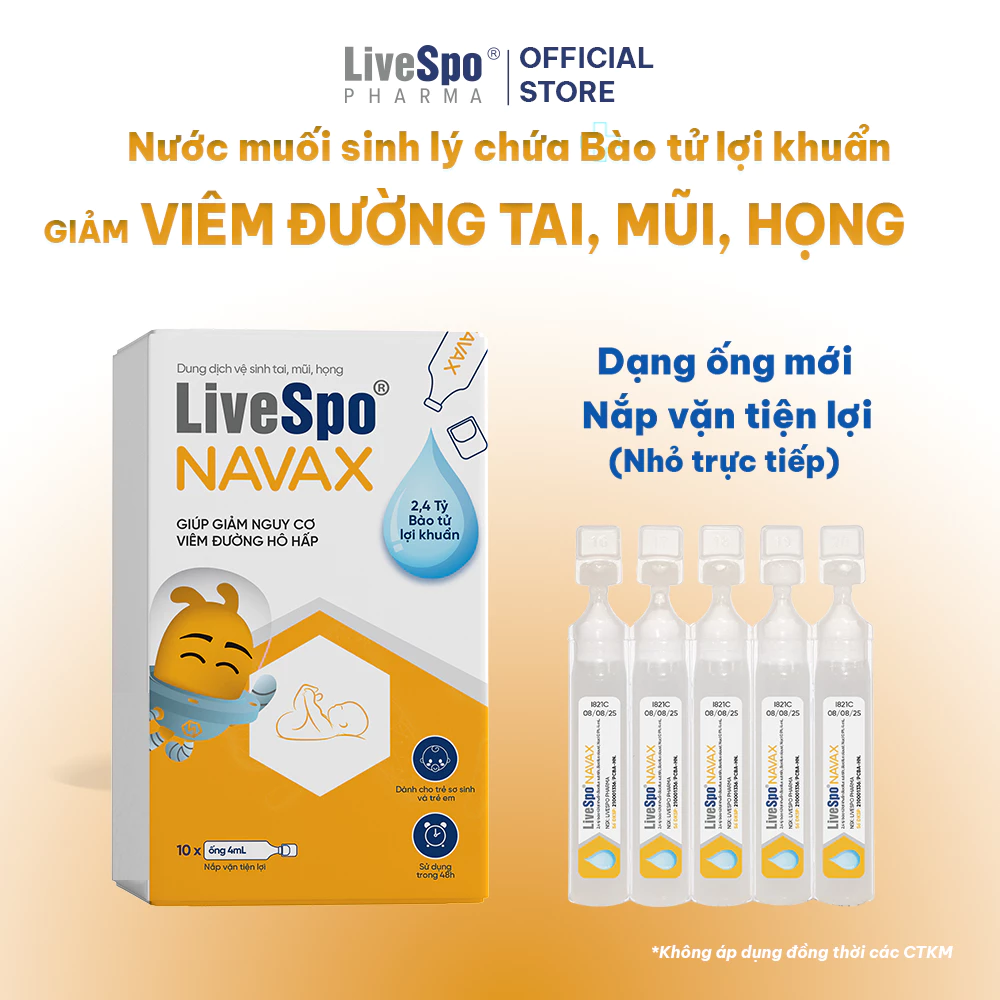 LiveSpo Navax sơ sinh (10 ống) - Nhỏ mũi, họng cho trẻ 0-2 tuổi, giúp giảm nghẹt mũi, viêm mũi, họng