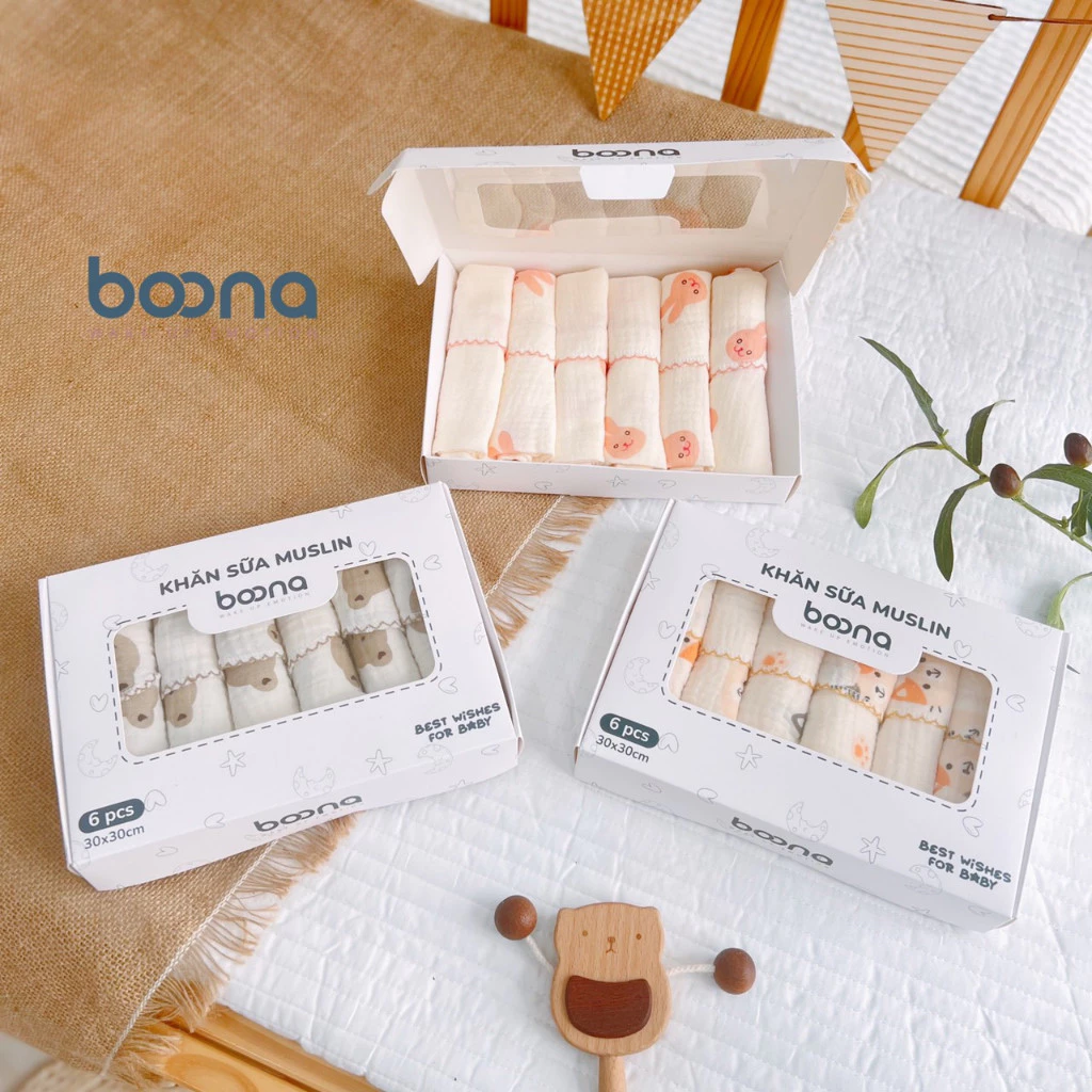 Khăn sữa Muslin Boona - Hộp 6 khăn xô sữa muslin 2 lớp cao cấp mềm mịn cho làn da bé