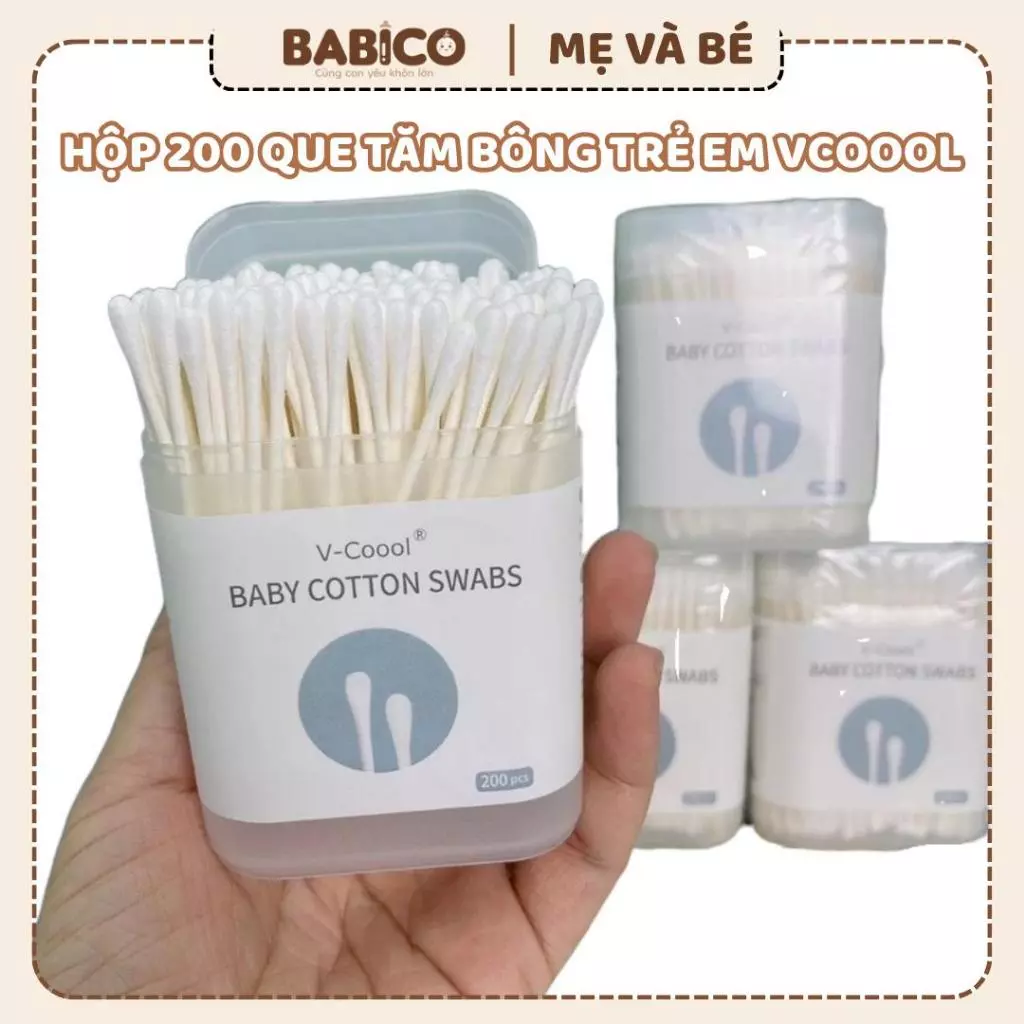 Tăm bông trẻ em Vcool kháng khuẩn ( hộp 200 que, 400 que lõi giấy) cho bé sơ sinh ngoáy tai, mũi hanhdecalkhosimebe
