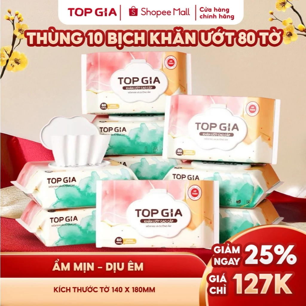 Thùng khăn ướt Topgia 80 tờ không cồn không parabens cao cấp dành cho mẹ và bé