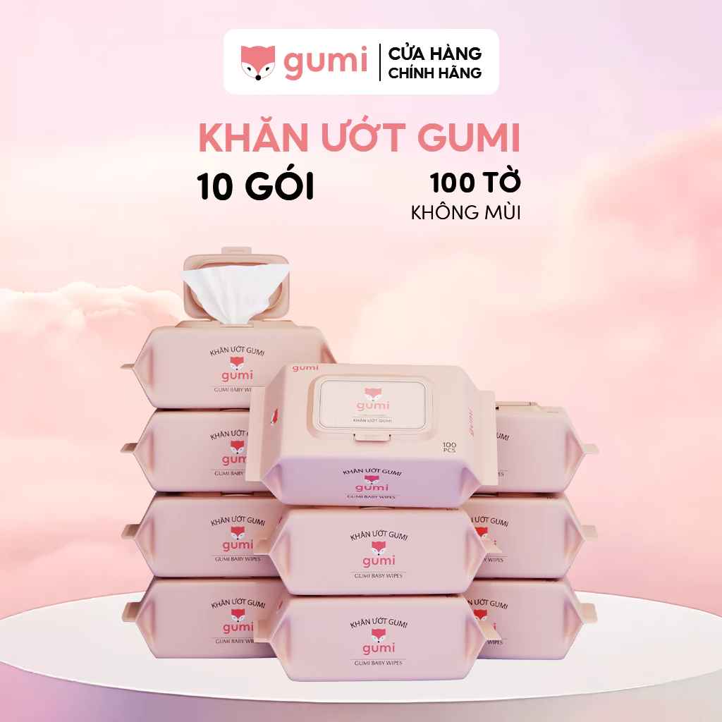 Thùng 10 gói khăn ướt Gumi không cồn không parabens cao cấp dành cho em bé