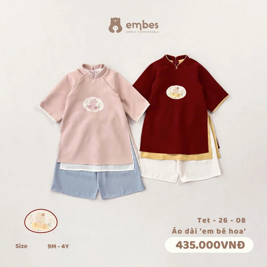 [BST TẾT 2026] Áo Dài Cho Bé Gái, Áo Dài Tết Bé Gái Ngực Thêu Chất Nhung Chéo Cho Bé Size Từ 8-18Kg