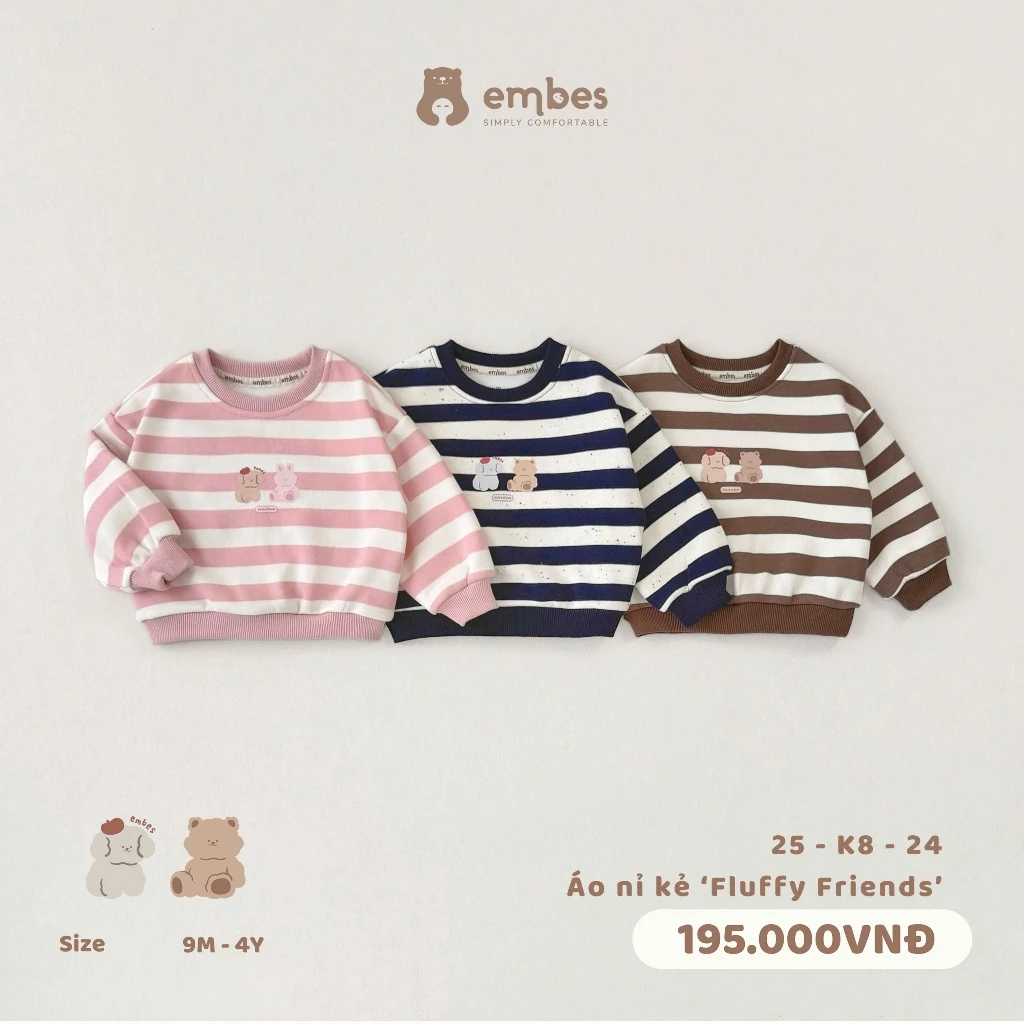 [New Collection] Áo Nỉ Cho Bé Embes, Áo Nỉ Kẻ Ngang In Hình Chất Nỉ Lông Dày Dặn Cho Bé Từ 8-18Kg
