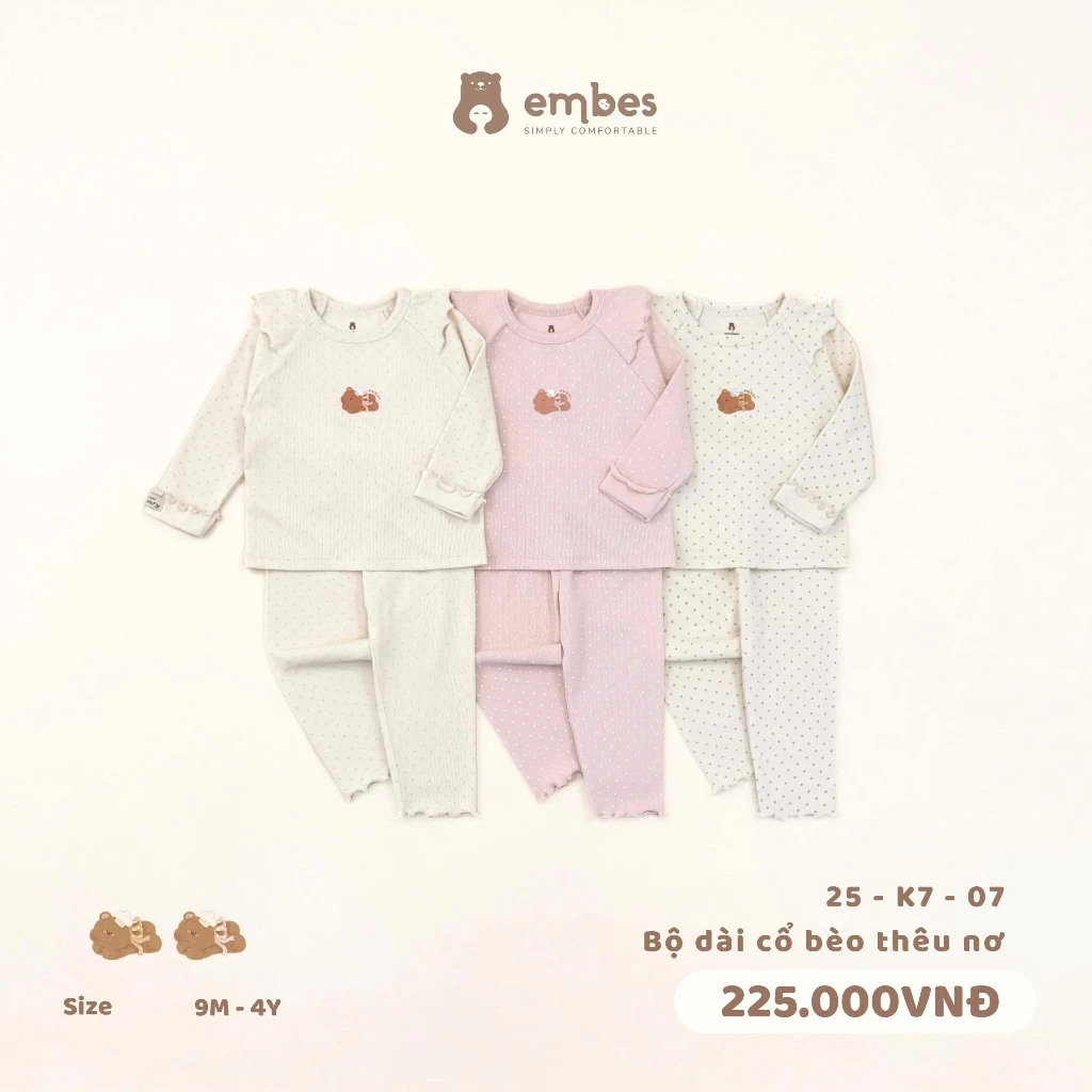 Đồ Bộ Bé Gái Embes, Bộ Dài Tay Thu Đông Chấm Bi Phối Cổ Bèo In Hình Chất Cotton Cho Bé Gái Từ 8-17kg