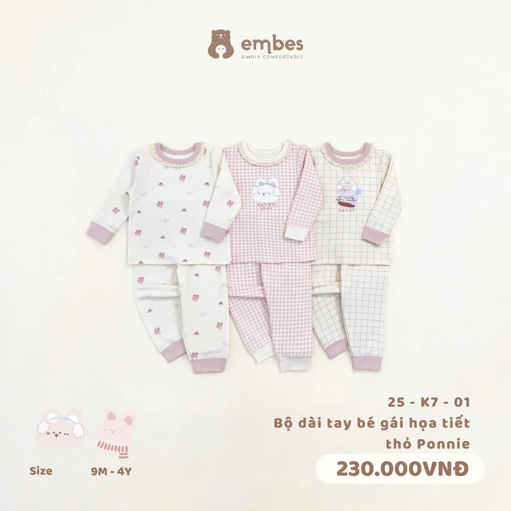 Bộ Dài Tay Bé Gái Embes, Bộ Đồ Dài Tay Cổ Viền Ren In Hình Thỏ Chất Cotton Cho Bé Gái Size Từ 8-18kg
