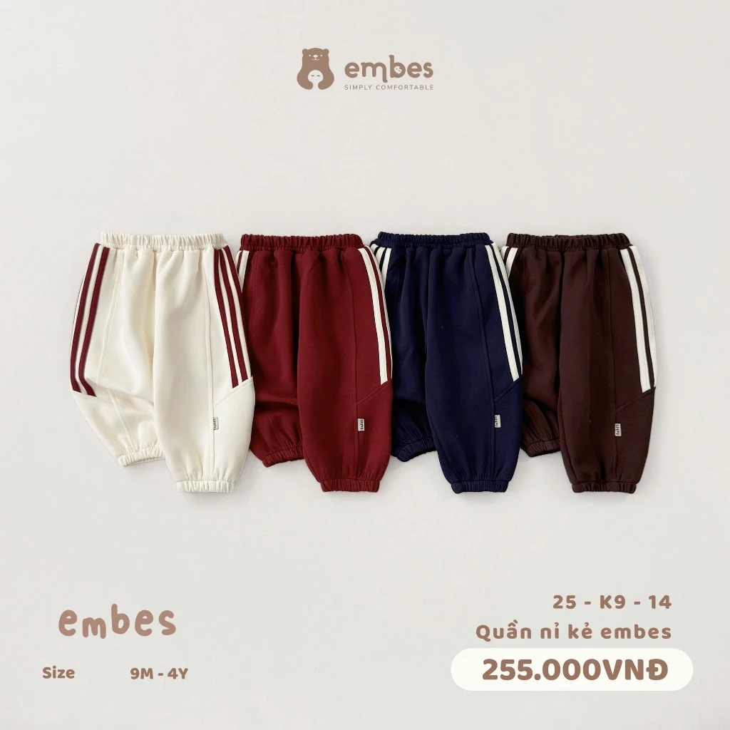 Quần Nỉ Cho Bé Embes, Quần Nỉ Bomber In Hình Phối Kẻ Chất Nỉ Dày Mặc Thu Đông Cho Bé Size Từ 8-18Kg