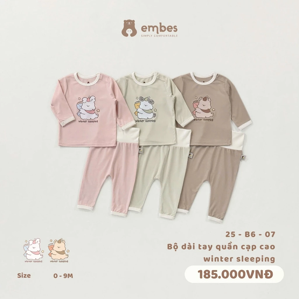 Bộ Sơ Sinh Dài Tay Embes, Bộ Dài Tay Hình In Ngực Cạp Cao Cài Cúc Cổ Chất Cotton Cho Bé Từ 0-9 Tháng