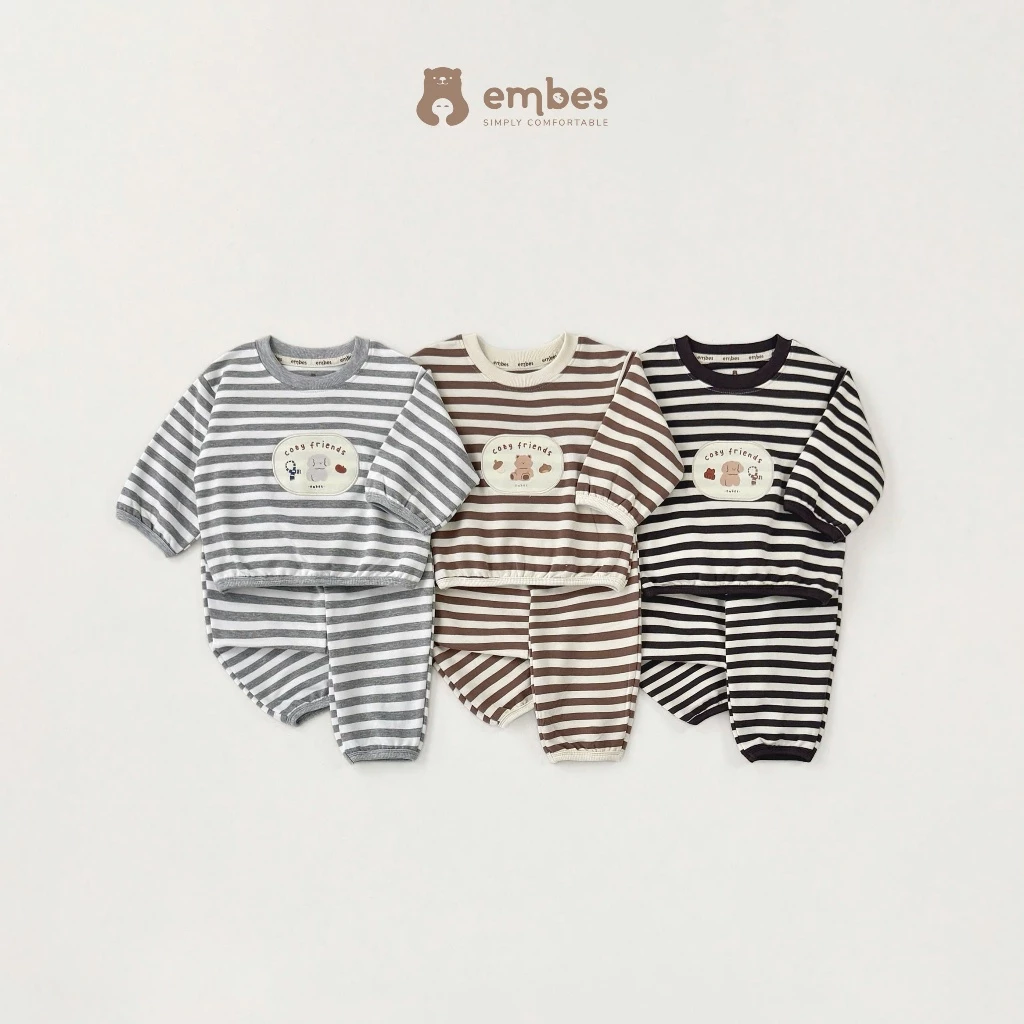 [New Collection] Bộ Nỉ Cho Bé Embes, Bộ Nỉ Kẻ Ngang Phối Đáp Chất Nỉ Da Cá Dày Dặn Cho Bé Từ 8-18Kg