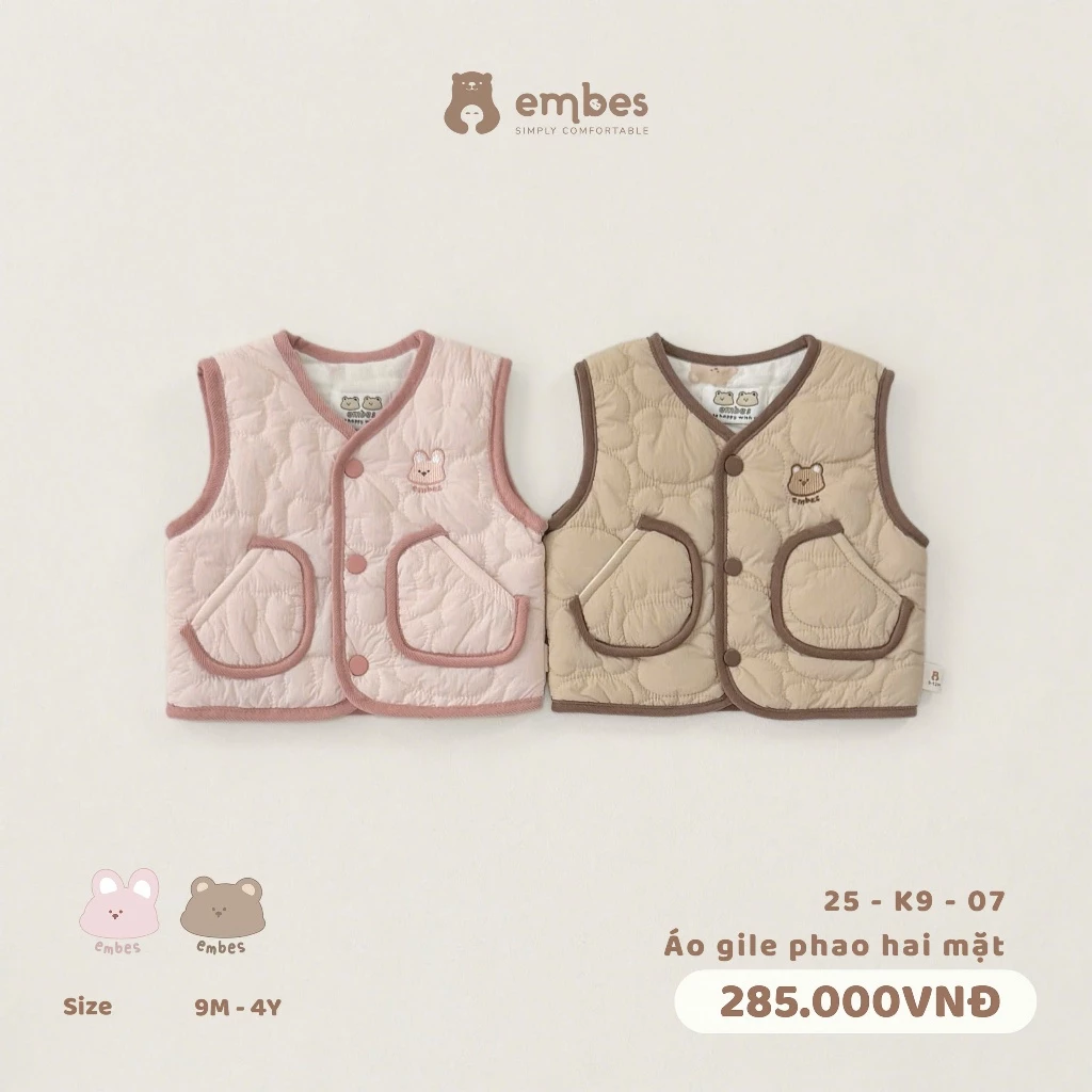 [New Collection] Áo Gile Cho Bé Embes, Áo Gile Hai Mặt Phao Và Nỉ Lông Dày Dặn Cho Bé Size Từ 8-18Kg