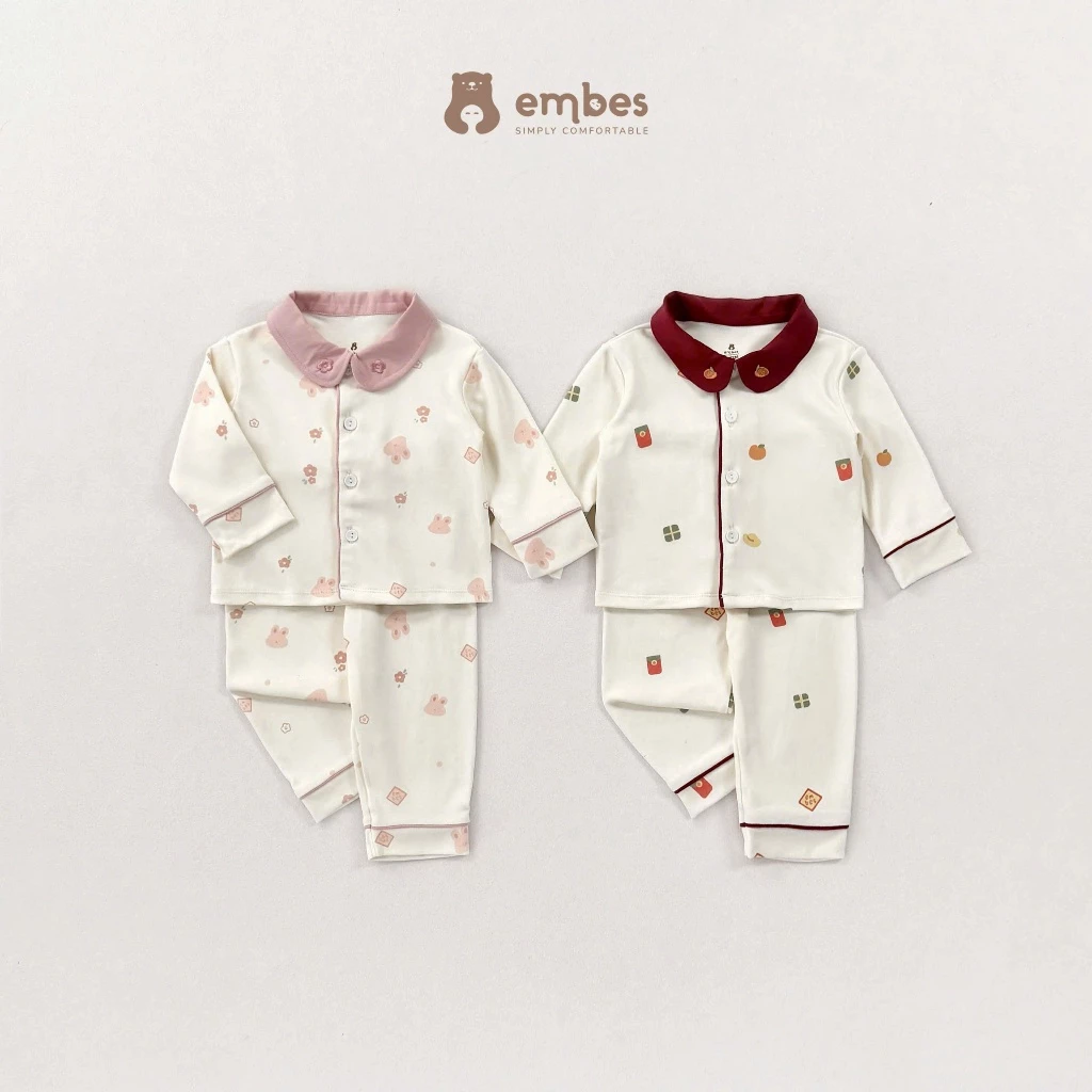 Bộ Pijama Dài Tay Cho Bé Embes, Bộ Đồ Ngủ Kẻ Caro Thêu Hình Chất Cotton Cho Bé Trai Bé Gái Từ 8-18kg
