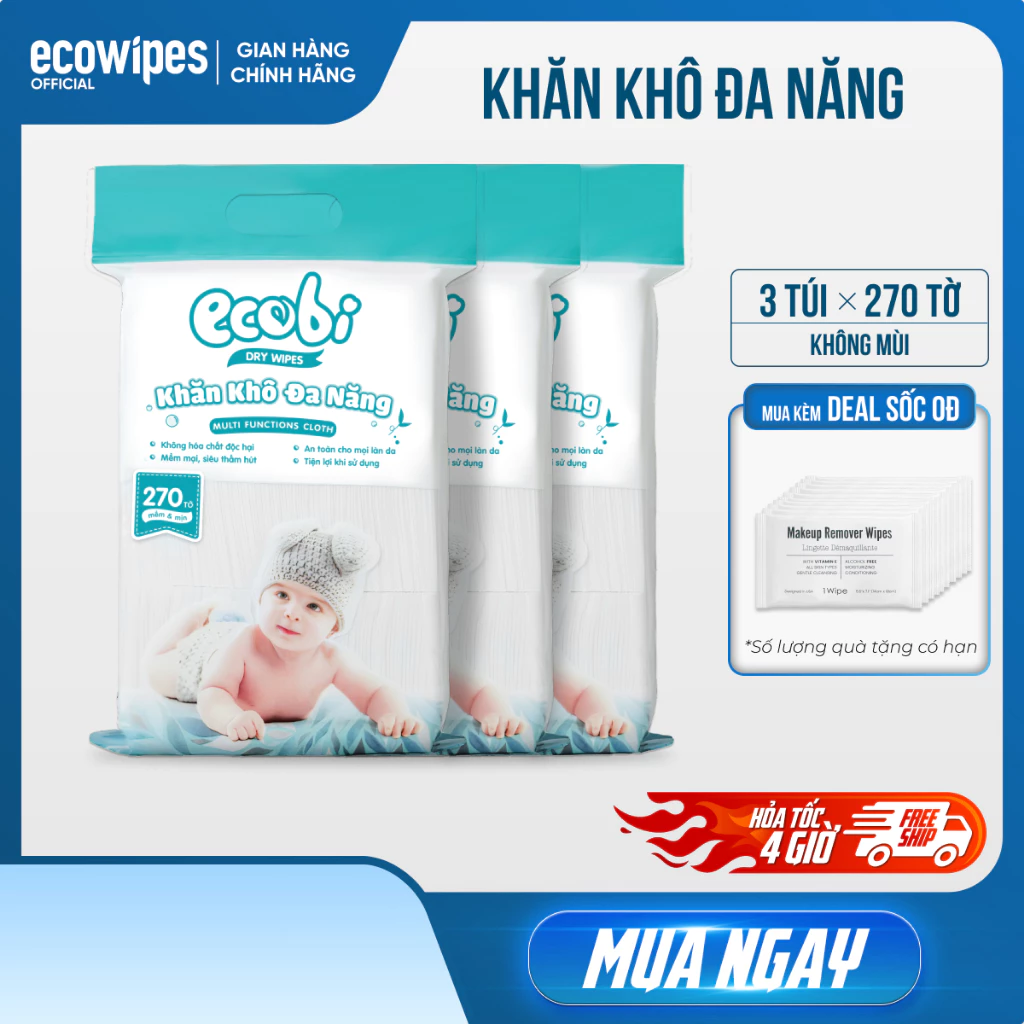 Combo 03 túi khăn vải khô đa năng cho bé Ecobi túi 270 tờ mềm mịn dai thấm hút tốt