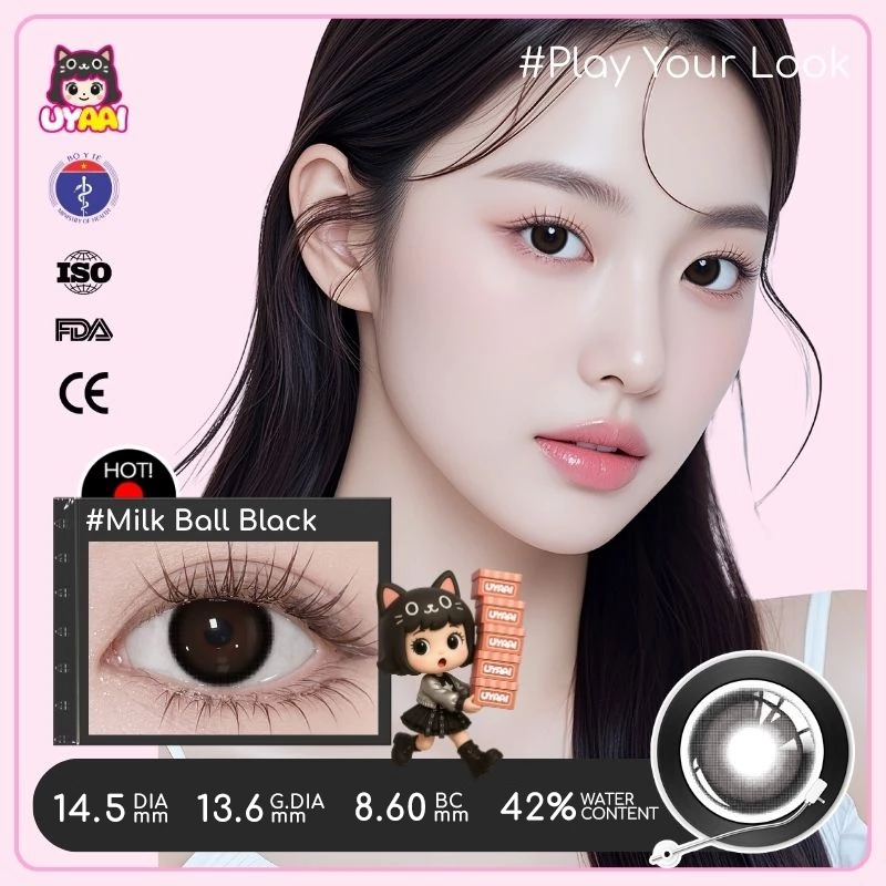 Kính Áp tròng MCK1 UYAAI Lens Màu Đen Snowball Cận 0.00--4.00 Độ, Độ Giãn Tròng 14.5mm【Mua 1 Được 2; 1 Cặp+1 khay】 - 2