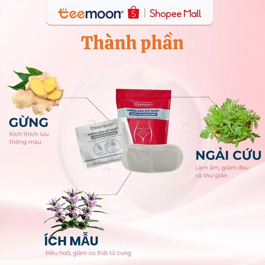 Miếng Dán Giữ Nhiệt 8 tiếng Giảm Đau Bụng Kinh Teemoon (7 miếng), Tinh Chất Gừng, Ngải Cứu, Ích Mẫu - 2