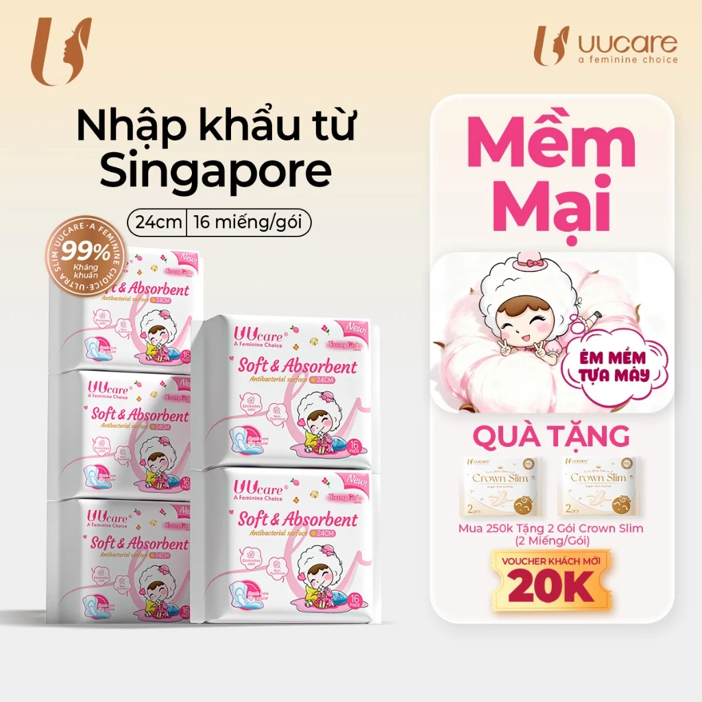 [Combo 5 gói] Băng Vệ Sinh UUcare Singapore Young Girl Kháng Khuẩn 24cm 16 Miếng