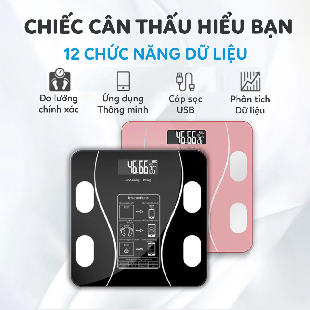 Cân Sức Khỏe Điện Tử Thông Minh Bluetooth Phân Tích Chỉ Số Cơ Thể – Sạc USB, Tải Trọng 180kg