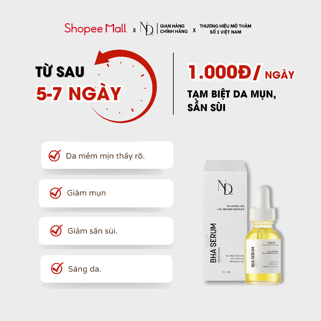 BHA Serum 8%15ml ND giảm mụn Face & Body,giảm viêm nang lông,thu nhỏ lỗ chân lông,tẩy tế bào chết,..