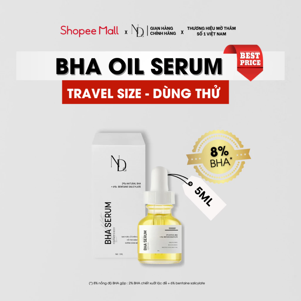 BHA Serum 8% ND 5ml hỗ trợ giảm viêm nang lông, mụn lưng, mụn mông và thâm cho mặt và cơ thể,...