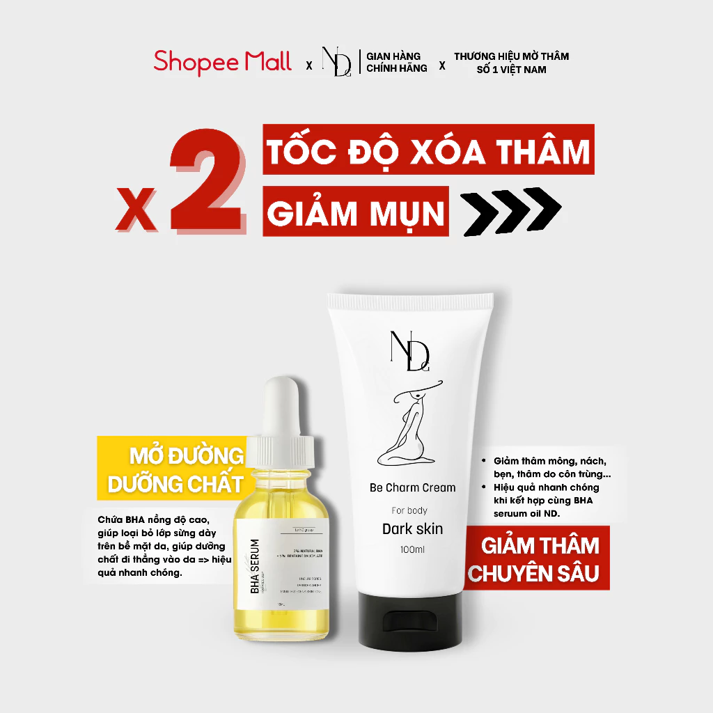 [TẶNG BHA SERUM] COMBO Giảm Mụn, Giảm Thâm Face & Body Bha Serum 8% ND 15ml và Be Charm Cream 100ml