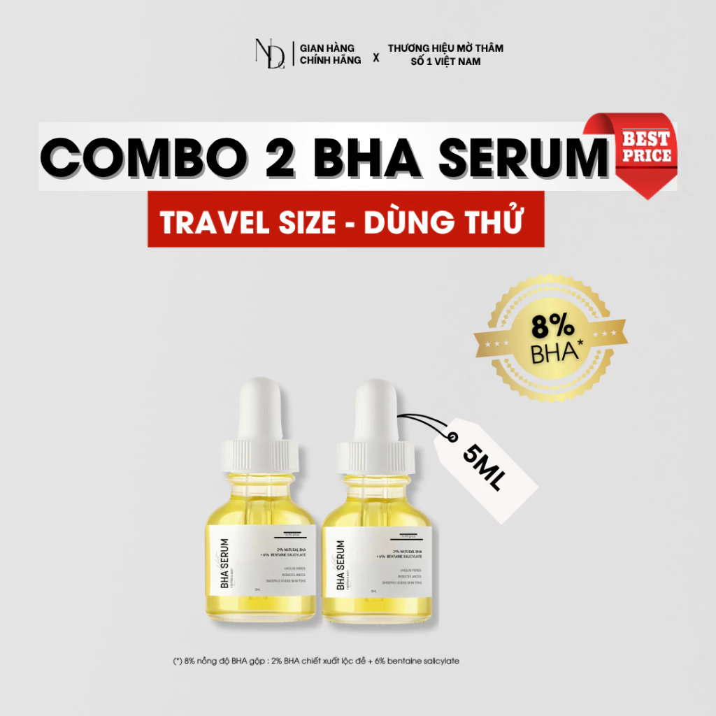 Combo 2 BHA Serum 8% ND 5ml hỗ trợ giảm viêm nang lông, mụn lưng, mụn mông cho mặt và cơ thể,...