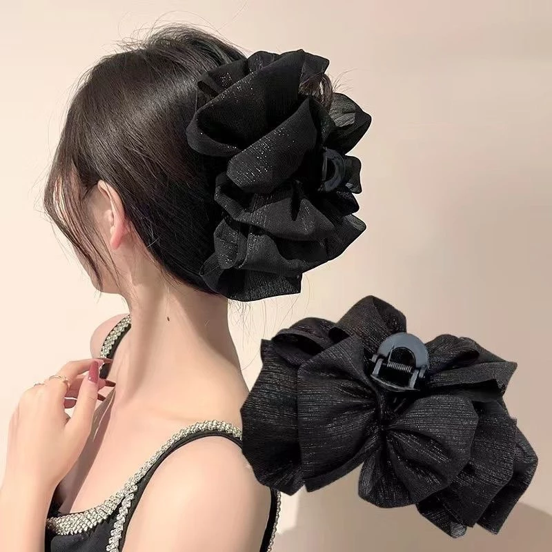 Ahellogirl Lưới Nơ Lấy Kẹp Cảm Giác Nâng Cao Tính Khí Kẹp Tóc Nữ Lưng Đầu Tấm Tóc Cá Mập Lớn Kẹp Thẻ Tóc Mũ Đội Đầu Phụ Kiện Tóc