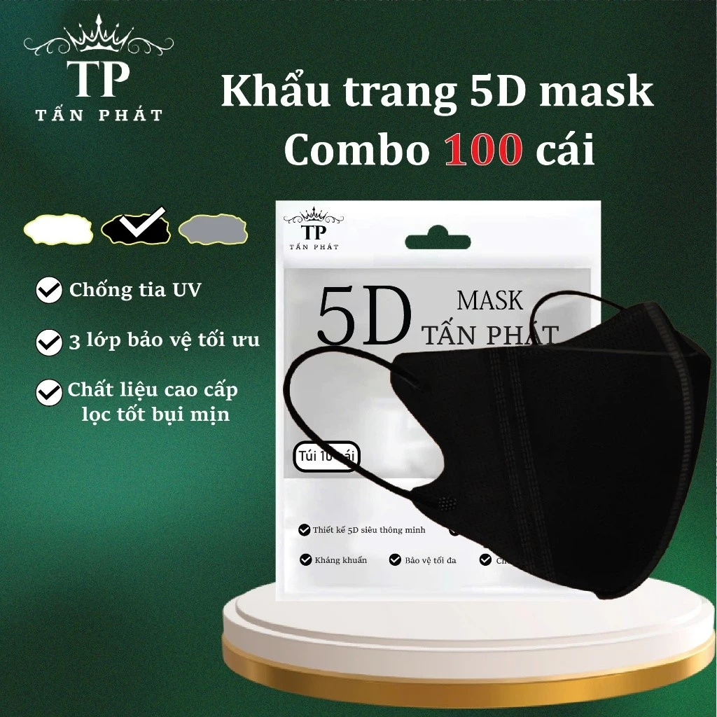 [Combo 100 Cái] Khẩu Trang 5D Tấn Phát,3 Lớp Kháng Khuẩn,Chống Nắng,3 Màu Trắng ,Đen,Xám