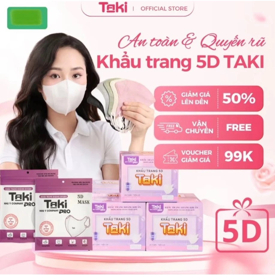[ Thùng 500 Chiếc ] Khẩu trang 5d Taki Cao Cấp Chính Hãng, Dày Dặn, Chống Tia UV - 2