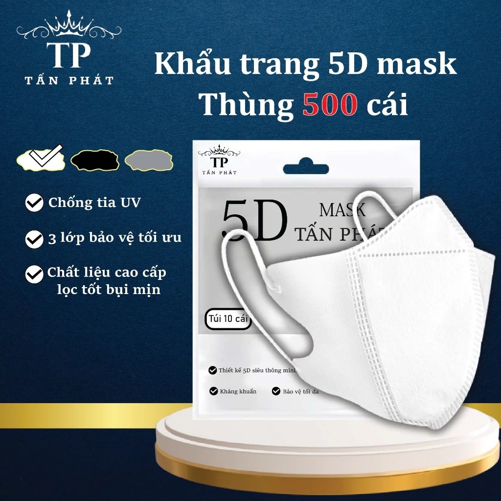 [Thùng 500 Cái] Khẩu Trang 5D Tấn Phát,3 Lớp Kháng Khuẩn,Chống Nắng,3 Màu Trắng ,Đen,Xám