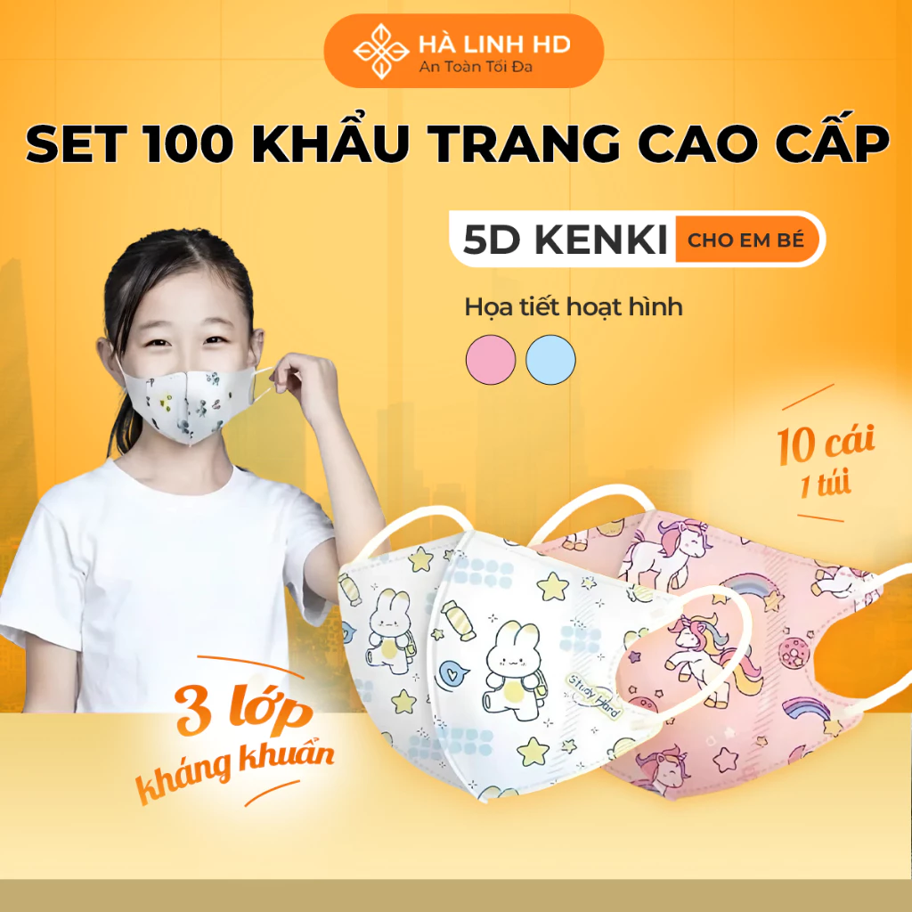 Thùng 100 cái khẩu trang 5D cho bé 0-8 tuổi Kenki Thái Lan 3 lớp kháng khuẩn mềm mại ôm trọn mặt bé