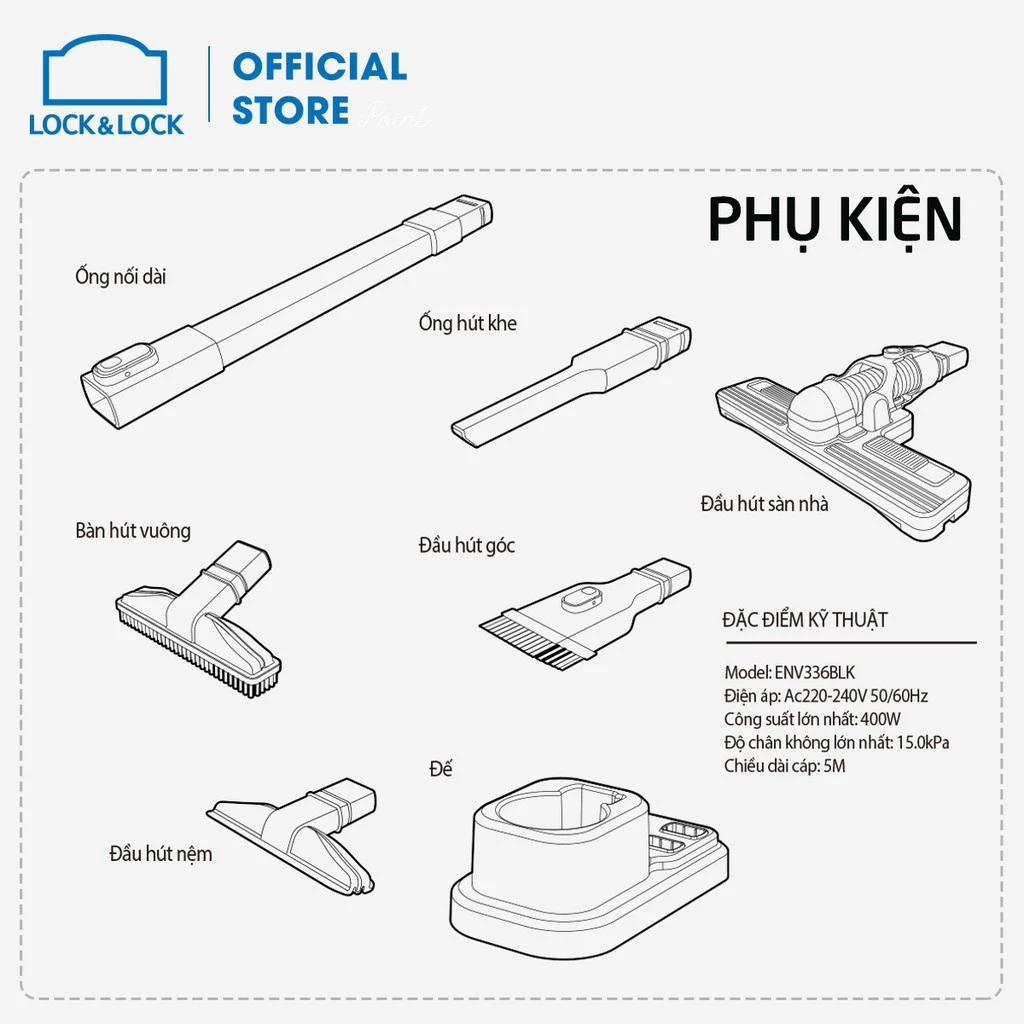Máy hút bụi Lock&Lock 0.4L, 400W, 220V, 50Hz - Màu đen ENV336BLK (có dây) - 6