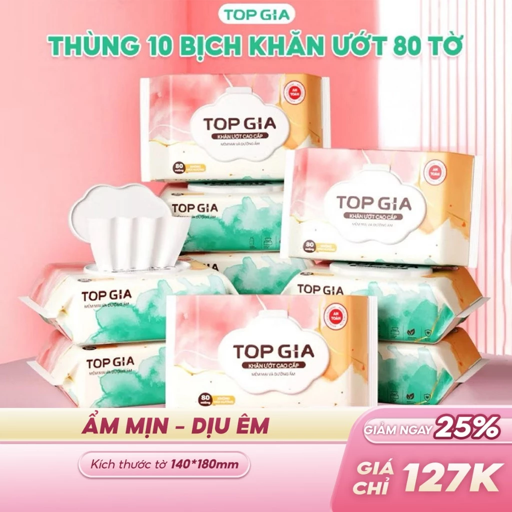 Thùng khăn ướt Topgia 80 tờ không cồn không parabens cao cấp dành cho mẹ và bé