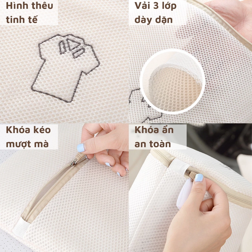Túi lưới giặt quần áo đồ lót máy giặt có khóa 3 lớp hình thêu phân loại đồ giặt tiện lợi gia đình - 3
