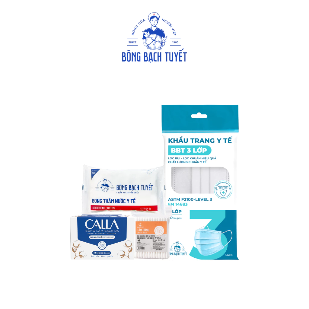 [HÀNG TẶNG KHÔNG BÁN] - COMBO 4 QUÀ: Bông y tế + tăm bông + bông xỏ ngón + khẩu trang 3 lớp trắng