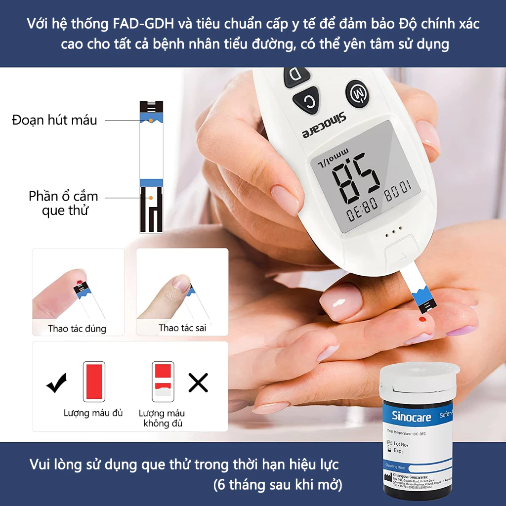 Que Thử Đường Huyết Hộp 50 Que Safe Accu Tặng Kèm 50 Kim Chính Hãng Sinocare - 3
