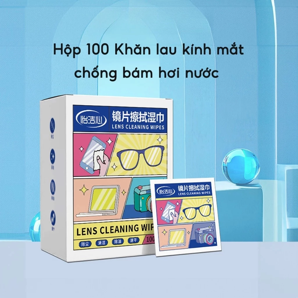 Hộp 100 Khăn lau kính mắt kính cận, Giấy lau kính nano chống sương mờ vân tay, bụi bẩn tiện lợi