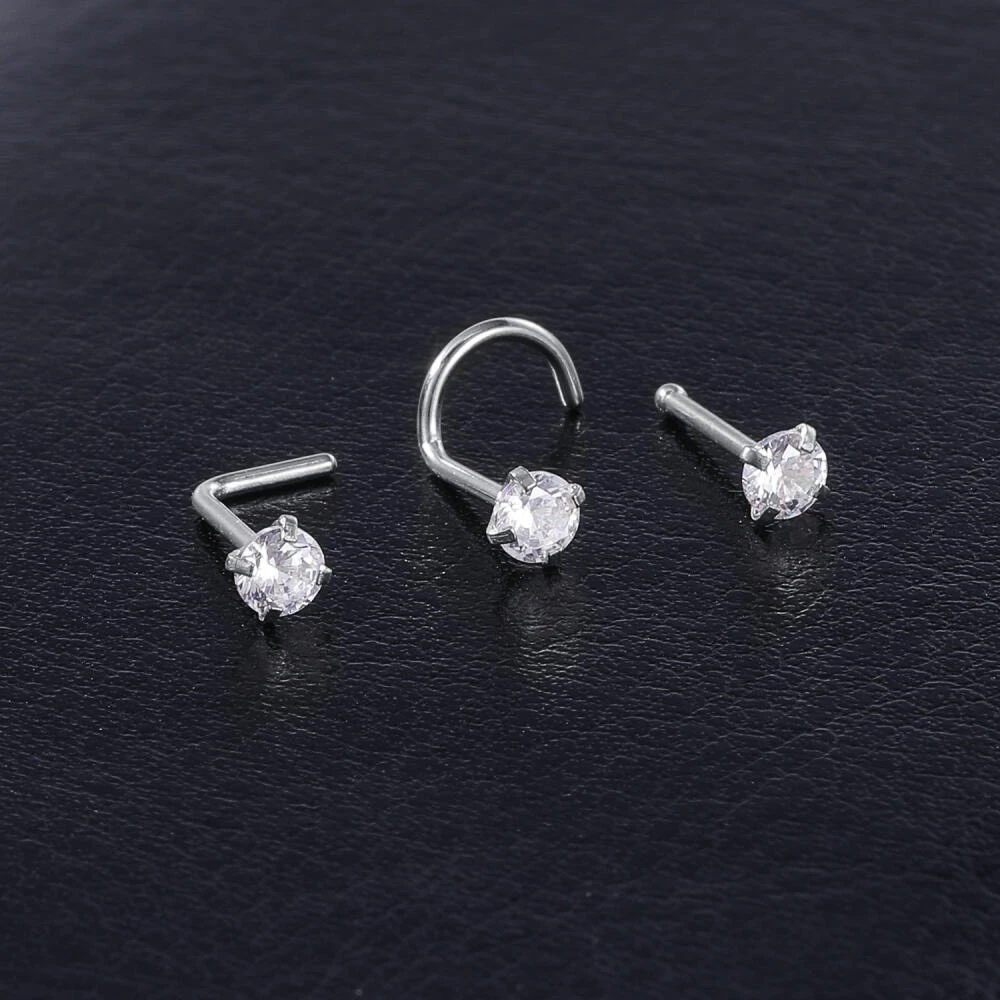 Khuyên cánh mũi nostril titan đính đá 1.5, 2, 2.5, 3mm ,thân L, Cong, Thẳng