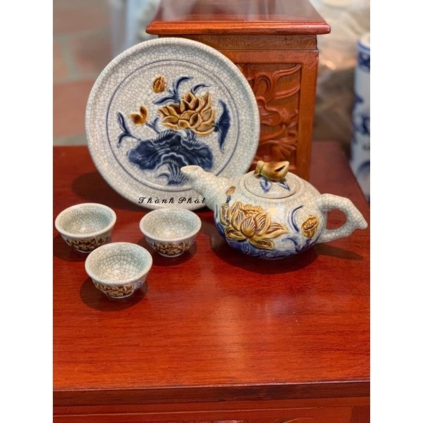 Bộ Đồ Thờ Men Rạn Đắp Nổi Bát Tràng, Đồ Thờ Thần Tài, Gia Tiên Men Rạn, Bát Hương Men Rạn Bát Tràng - 2