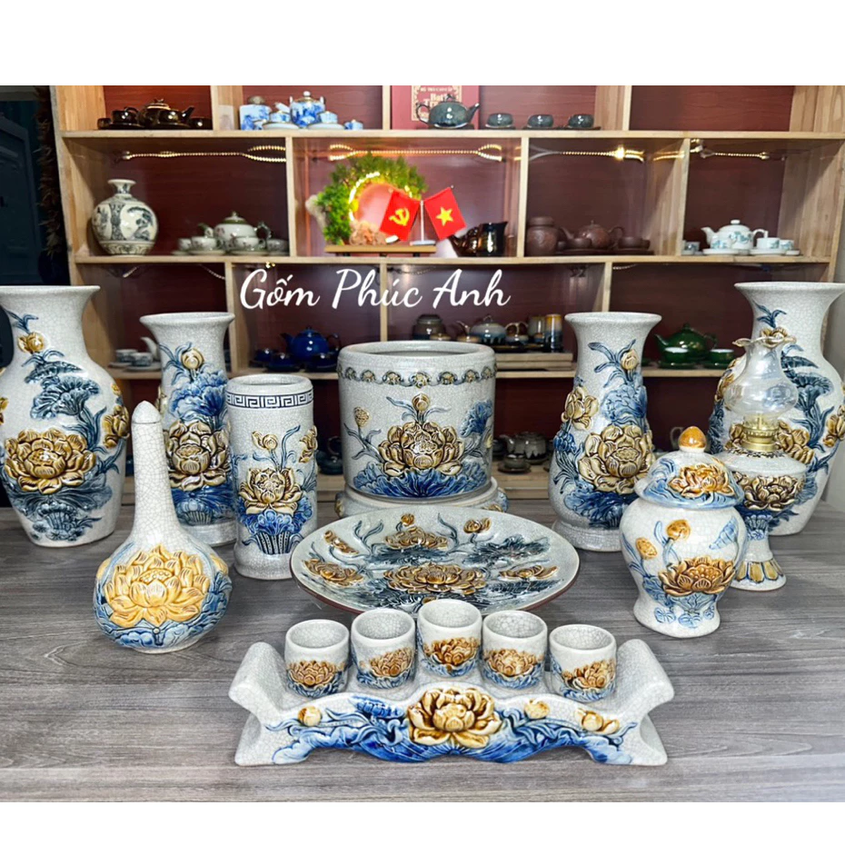 ✅ Bộ Đồ Thờ✅Men Rạn Đắp Nổi (Hoạ Tiết Sen) Bát Hương - Đồ Thờ Bát Tràng Hàng Loại 1 Chính Hãng