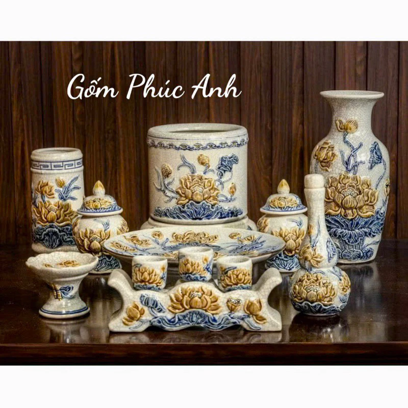 ✅ Bộ Đồ Thờ✅Men Rạn Đắp Nổi (Hoạ Tiết Sen) Bát Hương - Đồ Thờ Bát Tràng Hàng Loại 1 Chính Hãng - 2