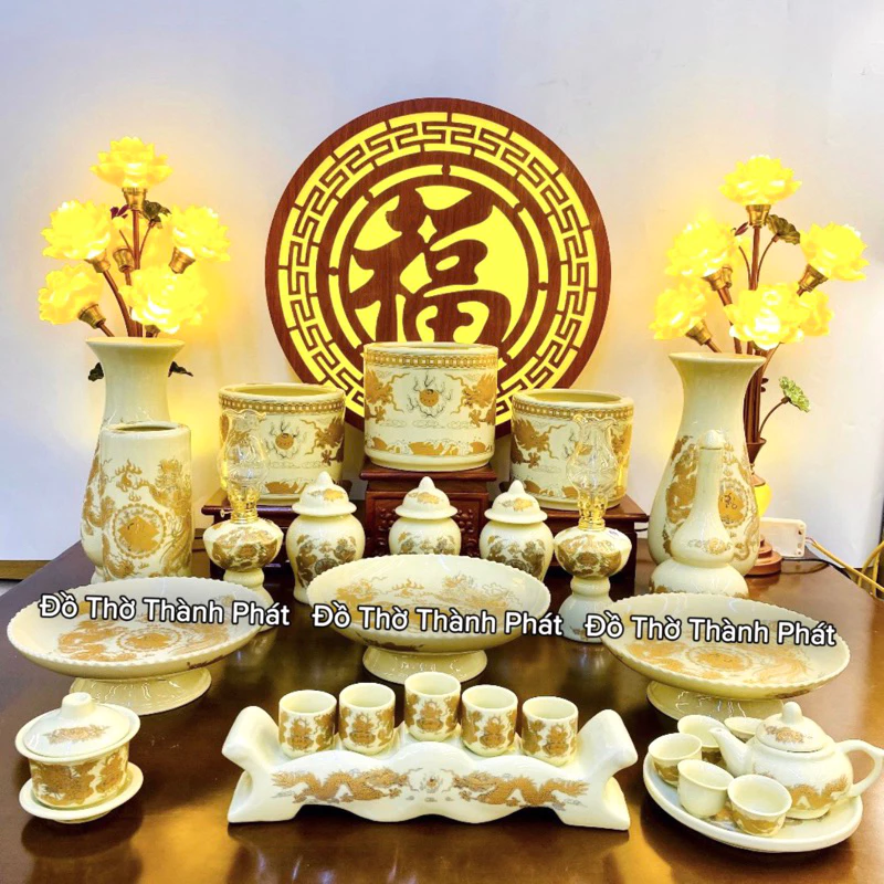 Bộ đồ thờ thần tài thổ địa màu vàng kim, đồ thờ gia tiên gốm sứ Bát Tràng màu vàng