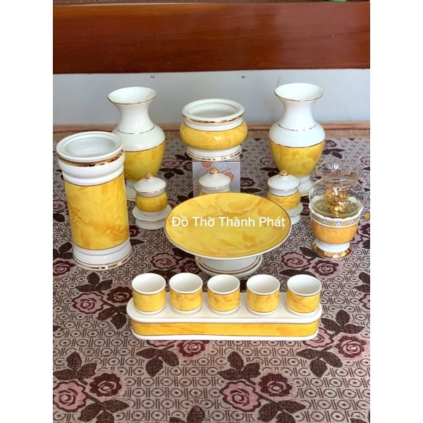 Bộ đồ thờ màu vàng vân đá cao cấp, bộ đồ thờ phụng sứ vân vàng, đồ thờ thần tài, Lư hương vàng