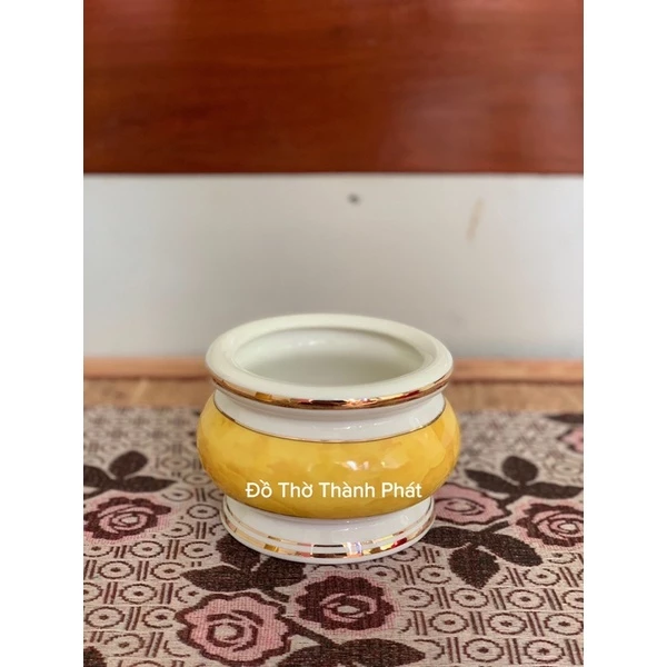 Bộ đồ thờ màu vàng vân đá cao cấp, bộ đồ thờ phụng sứ vân vàng, đồ thờ thần tài, Lư hương vàng - 3
