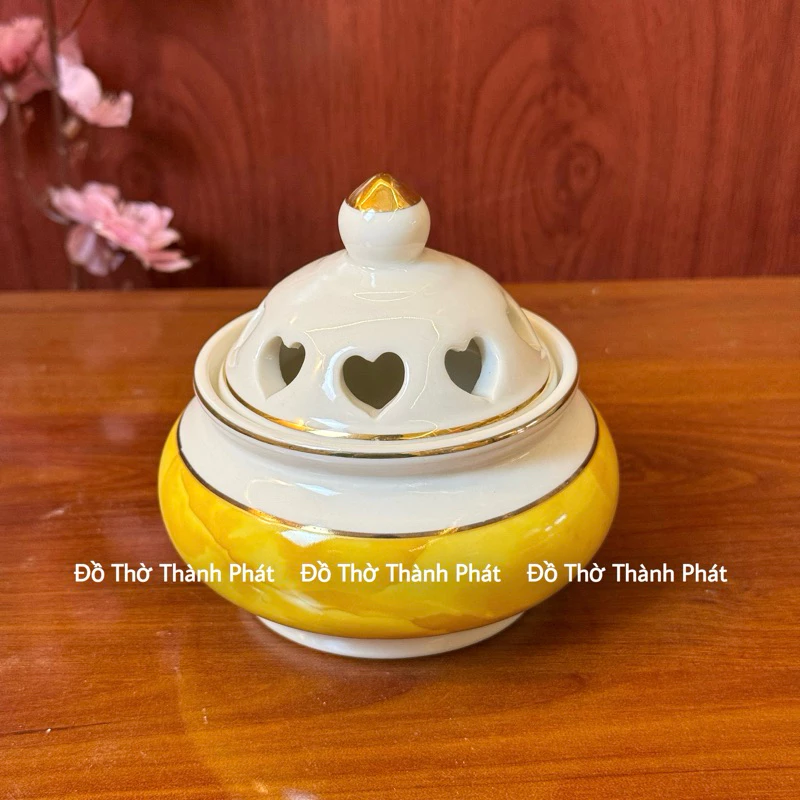 Bộ đồ thờ màu vàng vân đá cao cấp, bộ đồ thờ phụng sứ vân vàng, đồ thờ thần tài, Lư hương vàng - 4