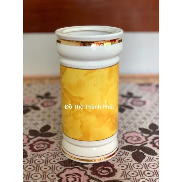 Bộ đồ thờ màu vàng vân đá cao cấp, bộ đồ thờ phụng sứ vân vàng, đồ thờ thần tài, Lư hương vàng - 5