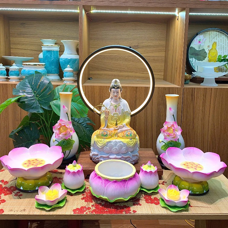 Bộ đồ thờ gốm sen hồng cao cấp, bộ đồ thờ Phật, gia tiên, đồ thờ thần tài
