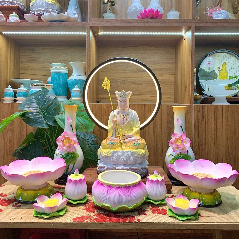 Bộ đồ thờ gốm sen hồng cao cấp, bộ đồ thờ Phật, gia tiên, đồ thờ thần tài - 2