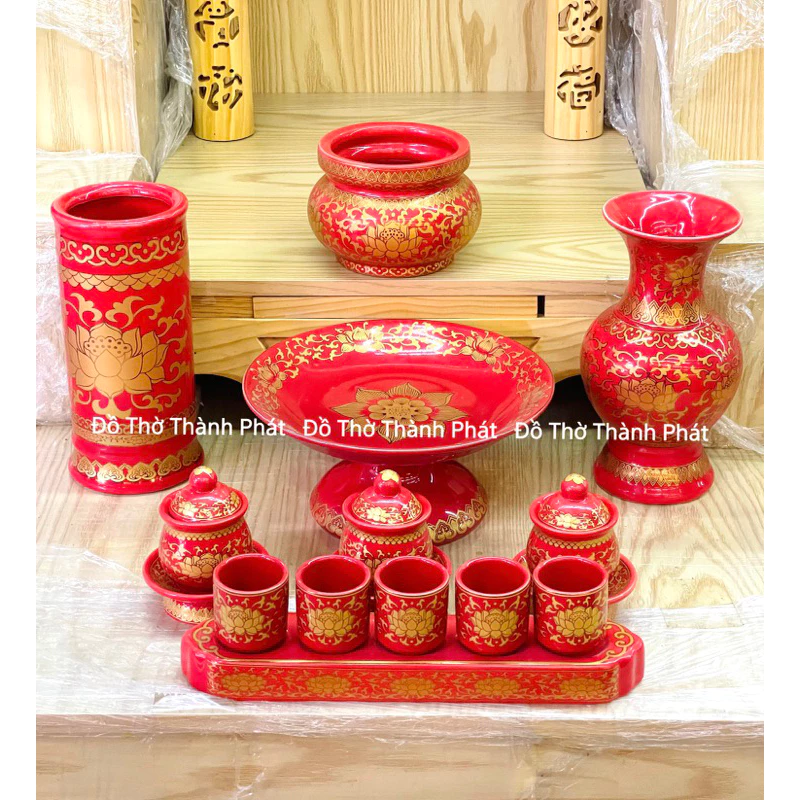Bộ đồ thờ màu đỏ gấm cao cấp, đồ thờ thần tài màu đỏ,đồ thờ gia tiên