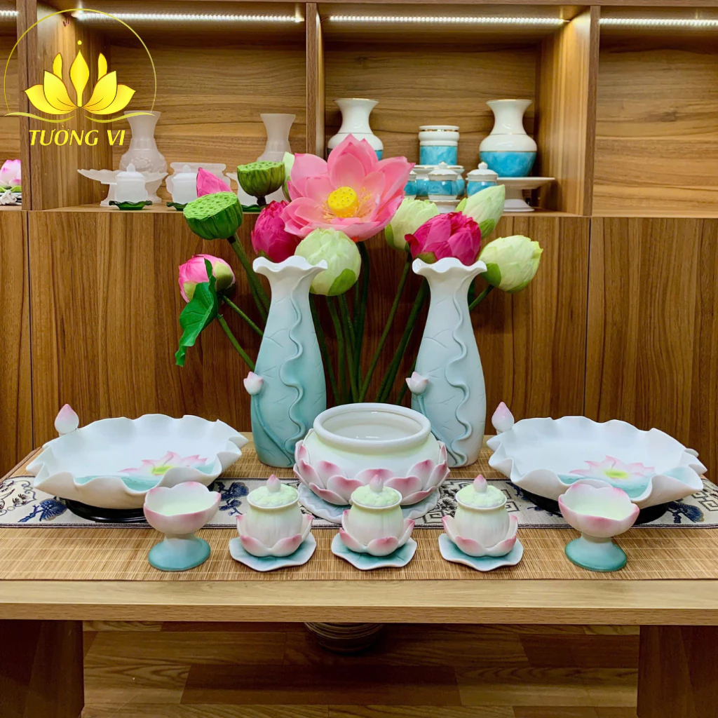Bộ Thờ Cúng, Đồ Thờ Cúng Gia Tiên, Lư Hương, Bình Hoa, Mâm Bồng, Chân Nến, Ly Nước, Bộ Đồ Thờ Gốm