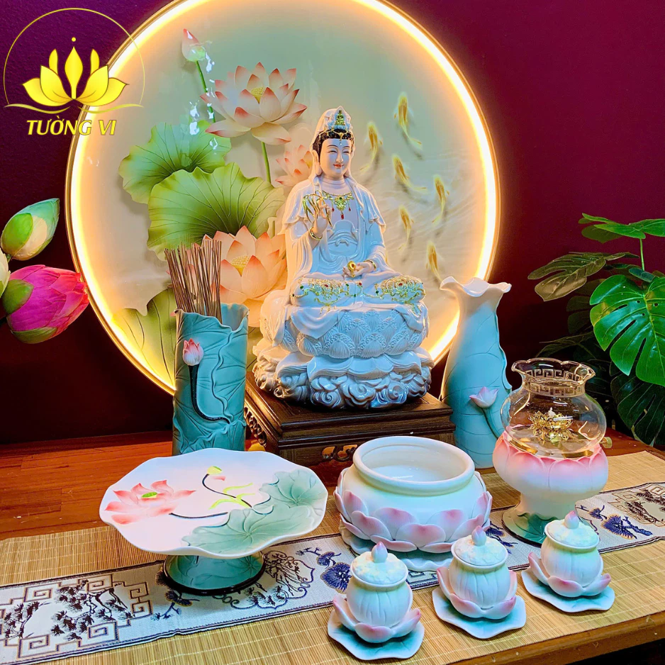 Bộ Thờ Cúng, Đồ Thờ Cúng Gia Tiên, Lư Hương, Bình Hoa, Mâm Bồng, Chân Nến, Ly Nước, Bộ Đồ Thờ Gốm - 3