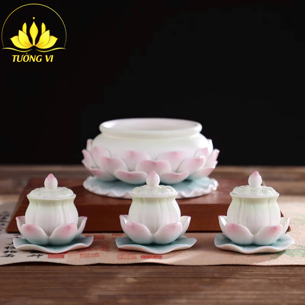 Bộ Thờ Cúng, Đồ Thờ Cúng Gia Tiên, Lư Hương, Bình Hoa, Mâm Bồng, Chân Nến, Ly Nước, Bộ Đồ Thờ Gốm - 4